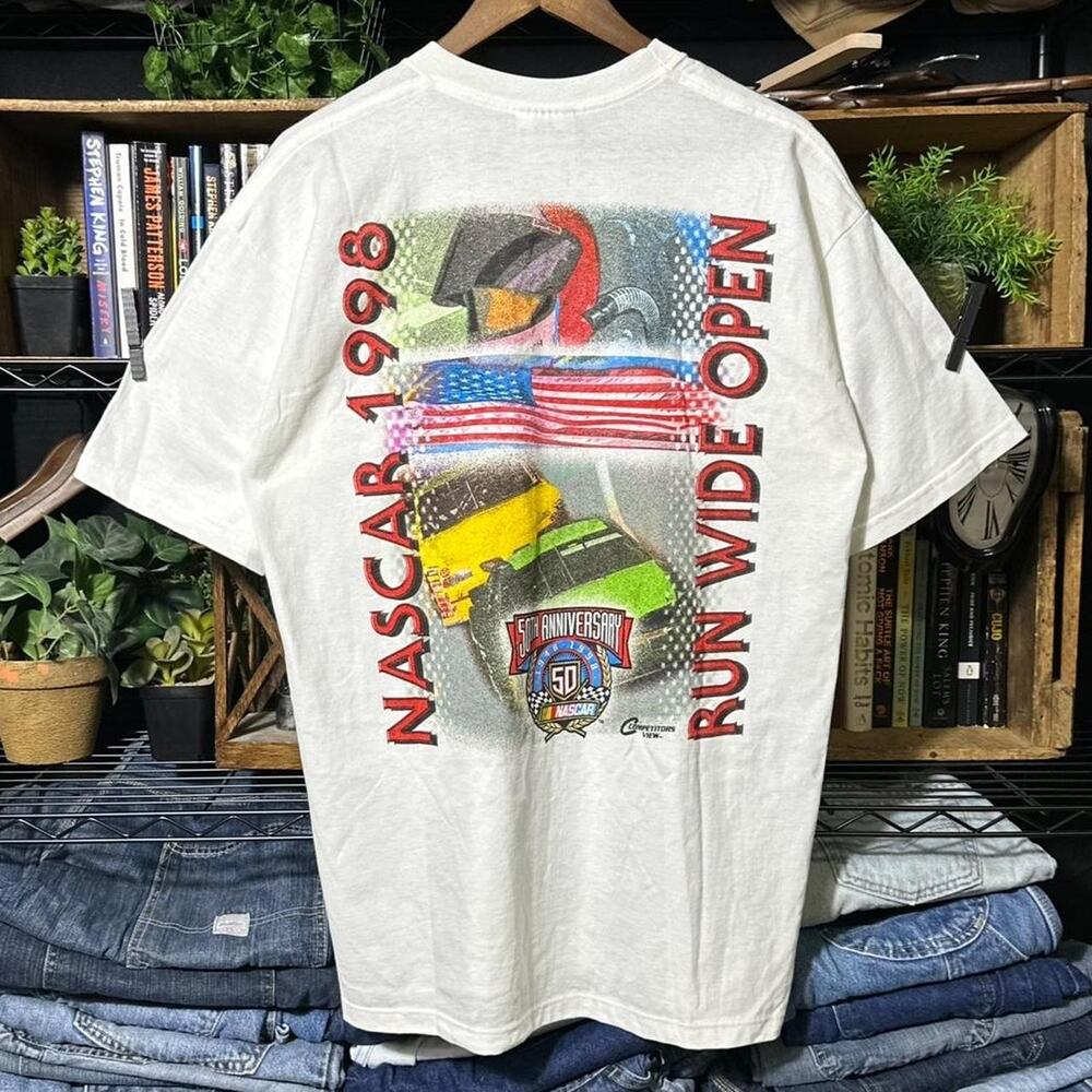 Vintage 90s NASCAR AOP Racing Tee Shirt Deadstock White Run Wide Open Mens Large